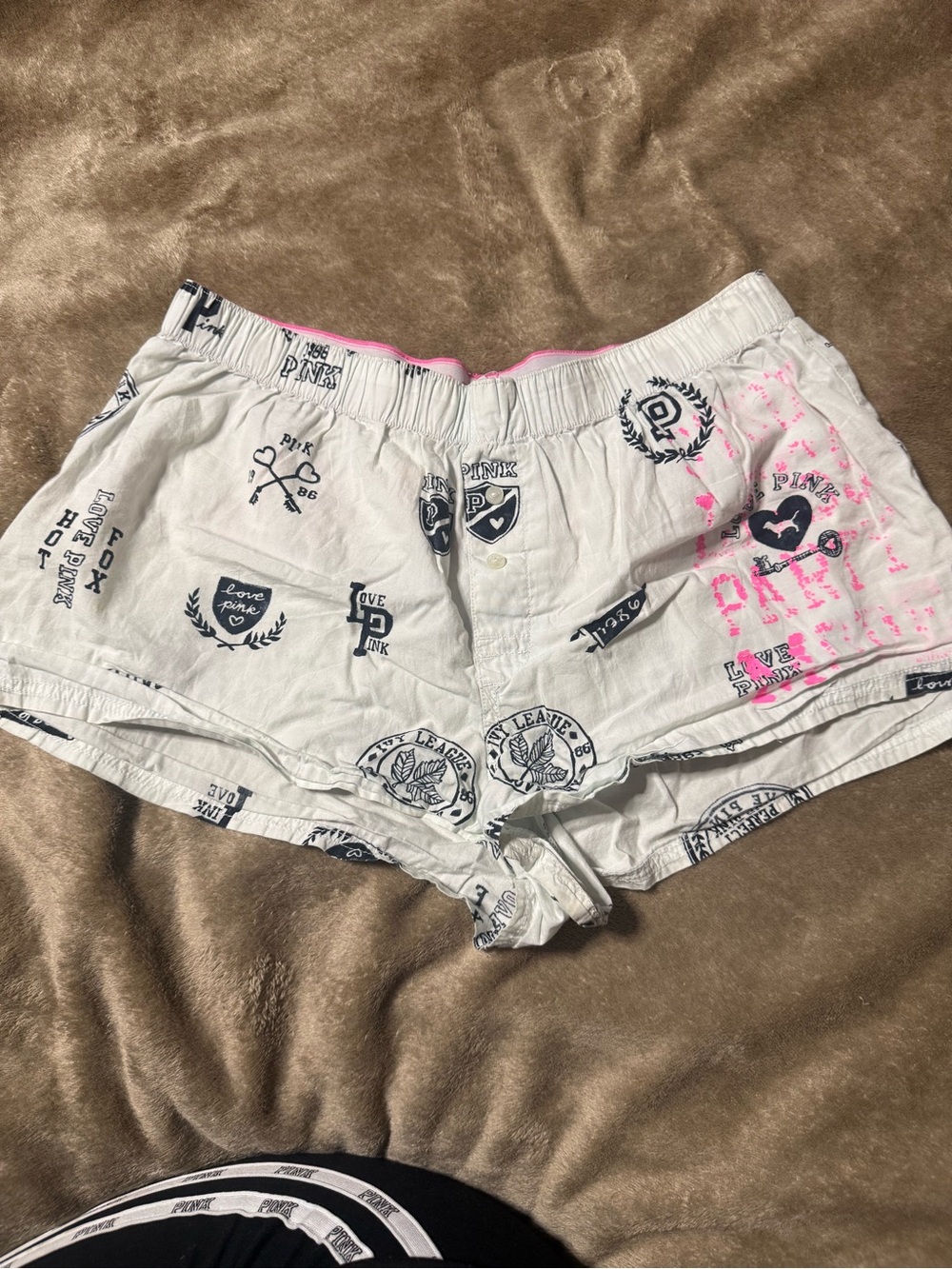 PINK Victoria's Secret White Lounge Shorts with Black Print and Pink Accents
